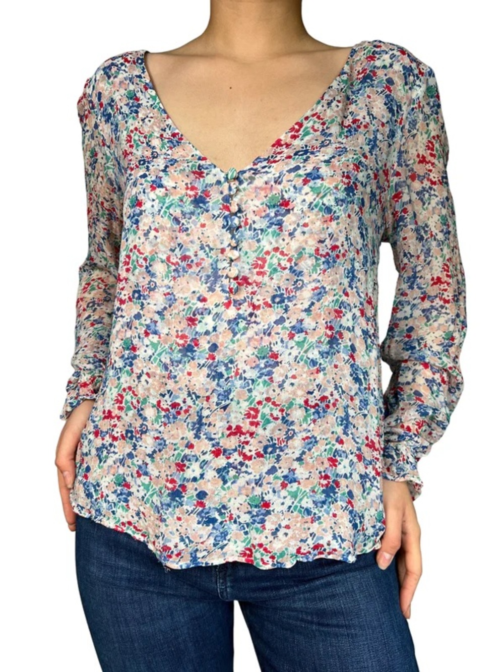 Sezane Multicolor Floral V-Neck Button-Front Blouse 36